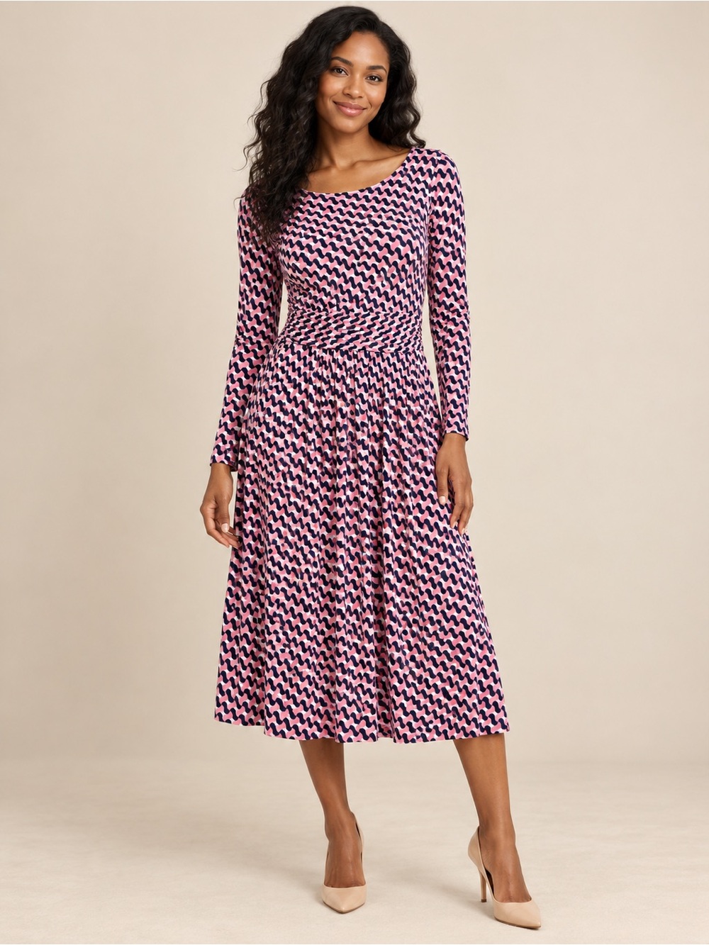 Boden Pink & Navy Printed Long-Sleeve Midi Dress SZ 0 Reg